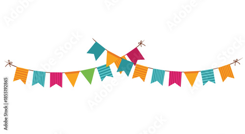 Festive bunting banner with colorful triangle and rectangle flags hanging on a string isolated on a white background for party decoration.
