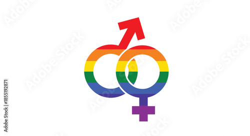 Interlocking male and female gender symbols filled with vibrant rainbow colors representing LGBTQ equality and diversity on a white background.