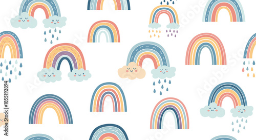 Adorable seamless pattern with colorful rainbows smiling clouds and raindrops in a soft pastel color palette for nursery decor and children.