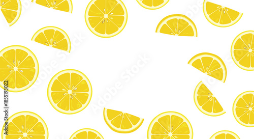 Vibrant pattern of fresh yellow lemon slices and segments scattered across a white background creating a refreshing and citrusy design.