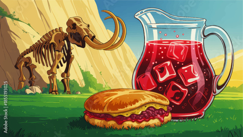 Cartoon mammoth skeleton with sandwich and red juice pitcher in bright prehistoric landscape, colorful vector food illustration