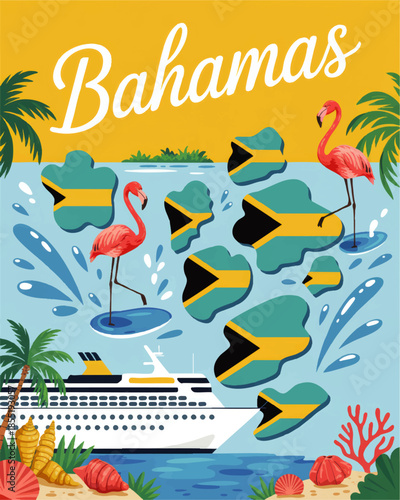 Colorful Bahamas travel illustration with cruise ship, flamingos, tropical beach, seashells and island flags in Caribbean sea