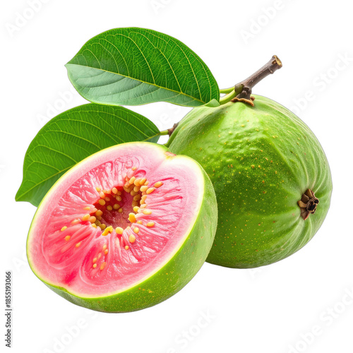 Vibrant pink-fleshed guava fruit with green rind and leaves isolated on black.