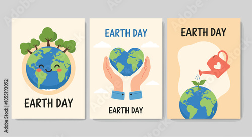 Set of three Earth Day posters featuring a smiling earth with trees hands holding a heart shaped earth and watering a sprout.
