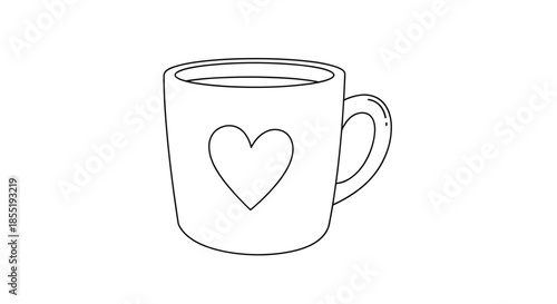 Minimalist black and white line art drawing of a coffee mug with a heart shape on the side isolated on a white background.