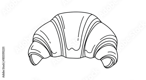 Detailed black and white line art drawing of a flaky french croissant isolated on a plain white background for bakery themes.