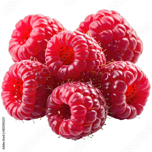 A vibrant close-up studio shot of five perfect red raspberries isolated on black.