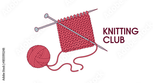 Pink knitted fabric on needles with a ball of yarn and the text knitting club for hobby groups and handicraft enthusiasts.
