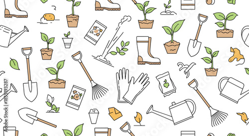 Detailed seamless pattern of various gardening equipment like shovels watering cans and boots along with growing plants on white.