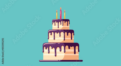 Beautifully decorated three-tier birthday cake with dripping purple chocolate frosting and three candles on a teal blue background.
