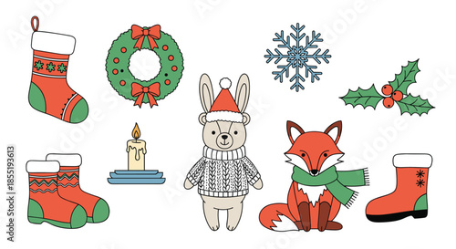 Christmas holiday doodle set includes winter accessories like stockings, wreath, reindeer bunny, fox, snowflake, and holly berries for festive decor.