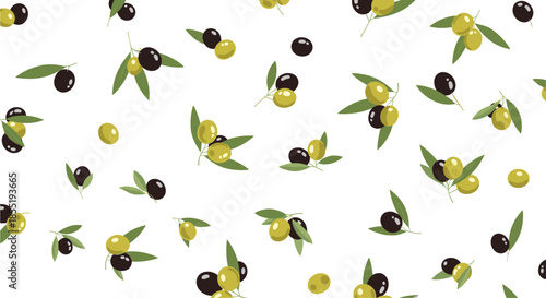 Vibrant pattern of green and black olives with fresh leaves scattered across a white background perfect for kitchen textiles and food packaging.