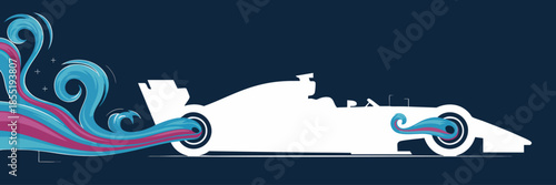 Modern formula race car silhouette with colorful abstract speed waves on dark blue background, dynamic motorsport illustration banner