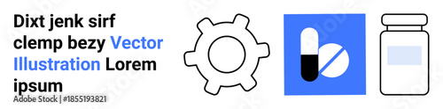 Healthcare innovation, pharmaceutical industry, medical research, technology integration, health solutions, medication design. Gear, pills icon and medicine bottle illustration. Healthcare