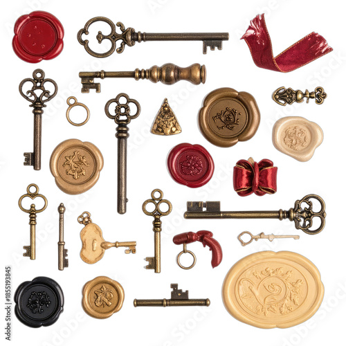 A collection of antique brass keys and various colored wax seals scattered on black.