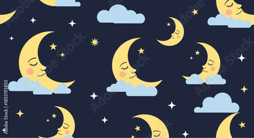 Whimsical night sky pattern featuring smiling crescent moons sleeping on soft blue clouds among bright stars on a dark navy blue background.