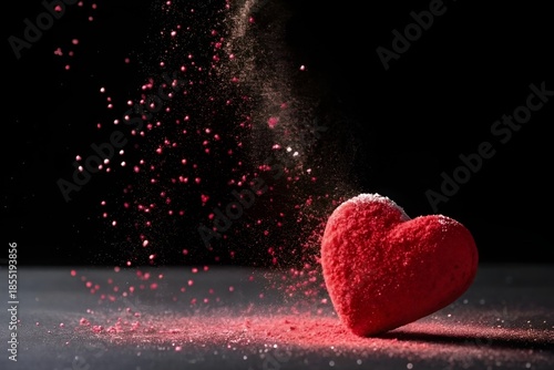 Glowing Red Sparkling Dust Heart Abstract Art on Black Background
