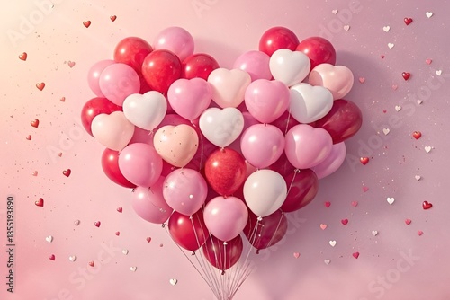 Heart Shaped Balloon Bouquet in Pink Red White on Gradient Background