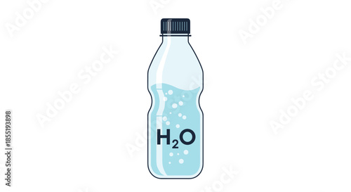 Clear plastic water bottle with H2O chemical formula label and blue bubbles inside representing healthy hydration and refreshment concepts.