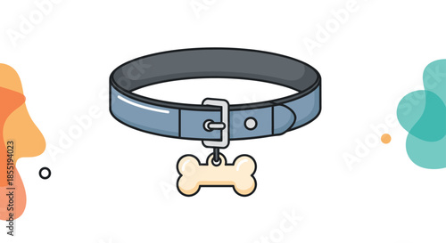 Blue leather dog collar with a silver buckle and a bone shaped identity tag on an abstract colorful background for pet care and accessories.