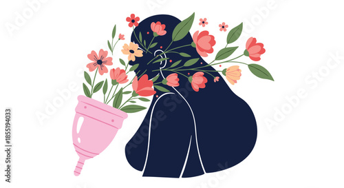 Artistic silhouette of a woman with colorful flowers blooming from her mind while holding a pink menstrual cup for female health awareness.