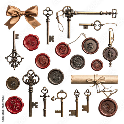 A collection of antique keys, wax seals, a silk bow, and a rolled parchment against a black background.