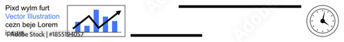 Business growth, time management, productivity, efficiency tracking, performance metrics, data analysis. Bar graph with upward arrow, a clock on the side. Business growth and time management concept
