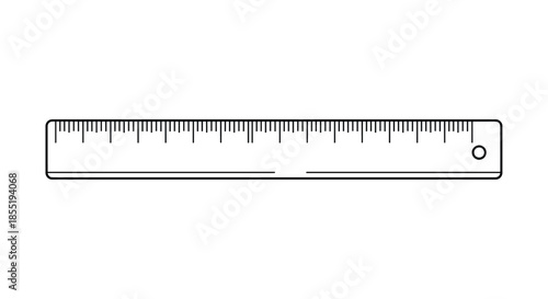Basic black and white line drawing of a standard metric ruler showing measurement markings for school supplies and architectural tool icons.
