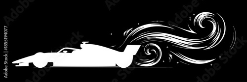 Futuristic Formula race car silhouette with abstract wind swirl trails on black background, fast speed motorsport vector illustration