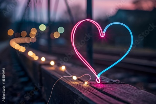 Pink Blue Heart-Shaped Neon Light Glow Closeup on Blurred Background