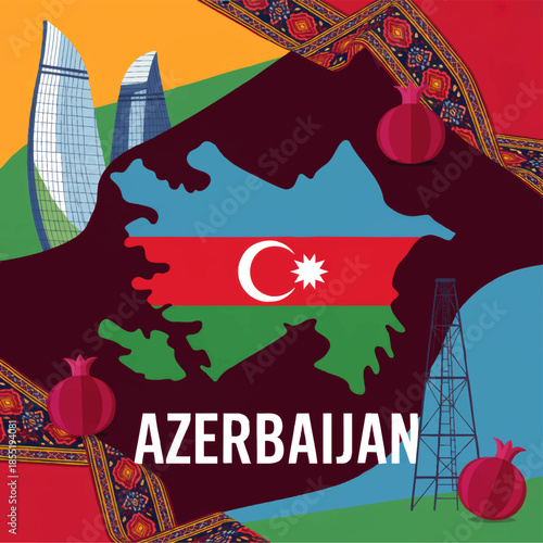 Colorful Azerbaijan travel illustration with flag map, Baku skyline, pomegranates, oil rig and traditional carpet pattern