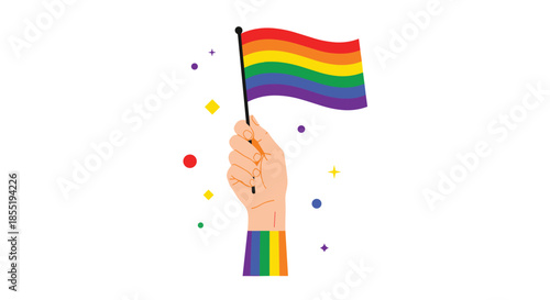 Human hand holding a rainbow pride flag high with colorful confetti and stars for lgbtq rights celebration and diversity awareness concepts.