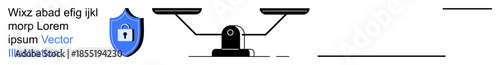 Cybersecurity, justice, data protection, legal balance, digital safety, equality. A shield icon with a lock next to weighing scales. Cybersecurity and justice concept combining protection