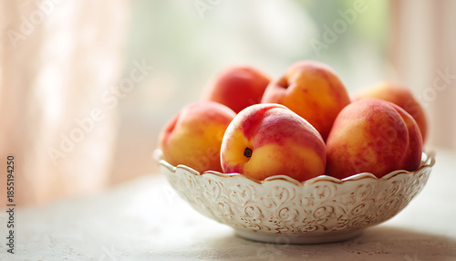 Radiant summer peaches nestled in a golden rimmed bowl on marble with a dreamy pastel glow.
