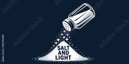 Salt and Light Christian typography illustration with salt shaker, sparkling particles and inspirational Bible verse concept on dark background