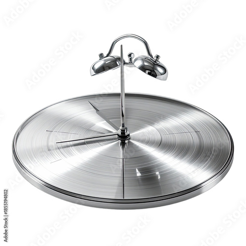 Minimalist modern silver alarm clock with brushed metal face against a black background.