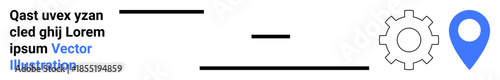 Technology, navigation, business planning, teamwork, location tracking, digital interface. Blue map pin, gear icon black lines text blocks. Technology and navigation concept