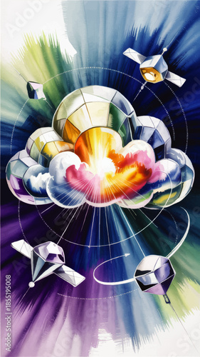 Futuristic cloud computing and satellite network concept, colorful technology illustration with data communication in abstract space