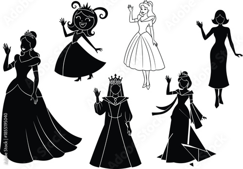 Princess silhouette, queen illustration, crown and gown, waving pose, black design, character art, animation style, royal icon, cultural figure, stylized woman