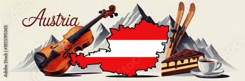 Austria travel illustration with violin, mountain landscape, ski equipment, Sachertorte cake, coffee and Austrian flag map
