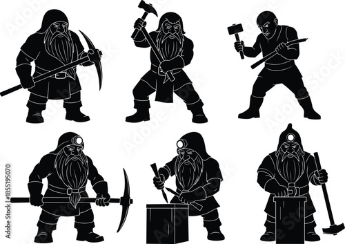 Miner silhouette, blacksmith figure, pickaxe pose, hammer strike, rugged character, metalworking icon, fantasy labor, medieval worker, tool action, silhouette art