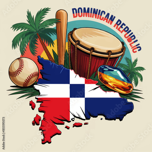 Dominican Republic culture illustration with flag map, tropical palm trees, baseball, drum and amber stone, colorful Caribbean art