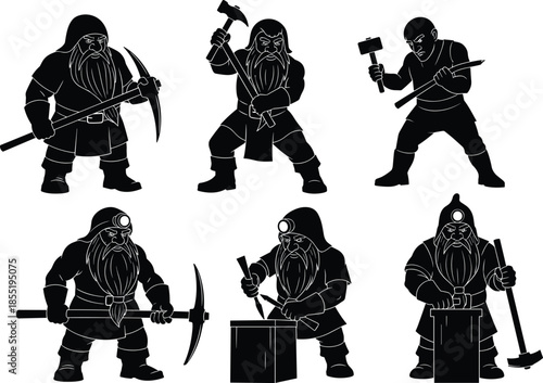  Miner silhouette, blacksmith figure, chiseling pose, pickaxe and hammer, helmet light, rugged worker, metalworking icon, labor action, tool art, medieval style