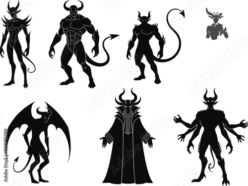 Demon silhouette, devil figure, black illustration, horned creature, clawed monster, winged entity, fantasy design, horror icon, muscular build, supernatural pose