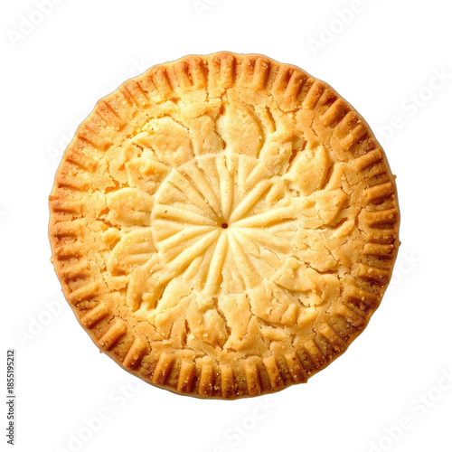 A detailed top-down view of a richly patterned shortbread cookie against a solid black background.