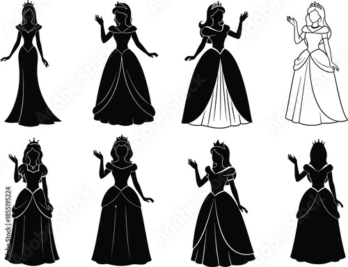 Princess silhouette puzzle, visual difference, crown and gown, black illustration, graceful pose, pattern recognition, unique figure, royalty icon, character art, activity