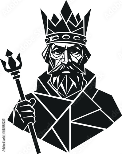 King silhouette, geometric illustration, regal figure, crown and scepter, black design, abstract monarch, royal icon, beard, trident staff, modern art
