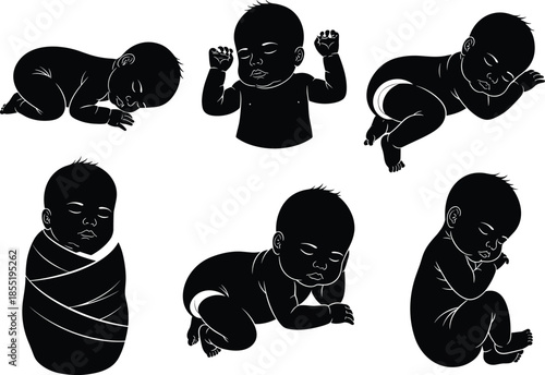 Sleeping baby silhouette, infant sleep pose, black illustration, curled posture, swaddled figure, safe sleep icon, childcare art, parenting design, rest position, newborn
