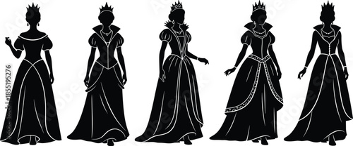 Princess silhouette, queen figure, royal gown, crown illustration, regal pose, black design, fashion icon, storytelling character, elegant dress, monarchy art