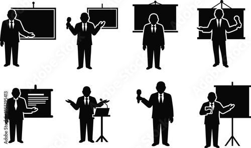 Presentation silhouette, public speaking, business figure, black illustration, formal attire, podium pose, chart board, lecture icon, speech gesture, education concept